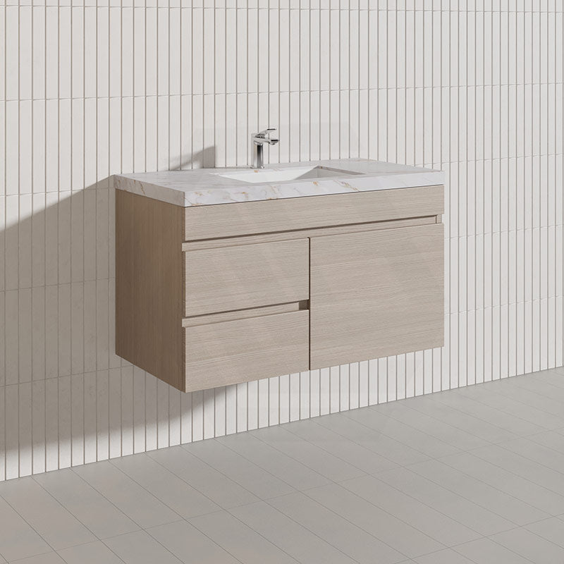 Lukka Camden Modern 900mm Wall Hung Vanity E0 MDF Wood Grain PVC Film Cabinet with Left/Right Hand Drawers In Various Colours