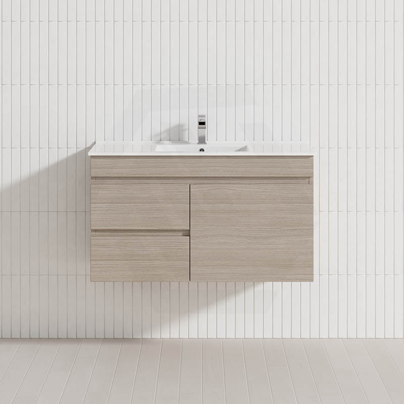 Lukka Camden Modern 900mm Wall Hung Vanity E0 MDF Wood Grain PVC Film Cabinet with Left/Right Hand Drawers In Various Colours