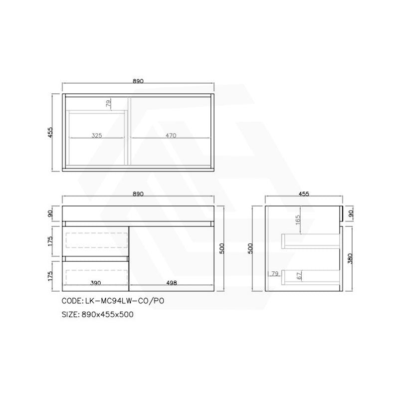 Lukka Camden Modern 900mm Wall Hung Vanity E0 MDF Wood Grain PVC Film Cabinet with Left/Right Hand Drawers In Various Colours