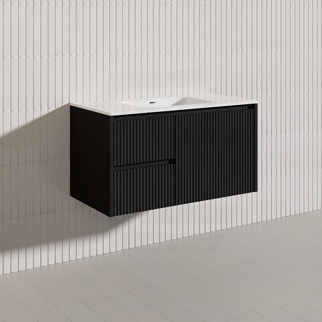 900mm Lukka Crete Wall Hung Bathroom Fluted Vanity Matt White/Black PVC Board Left/Right Drawers Available