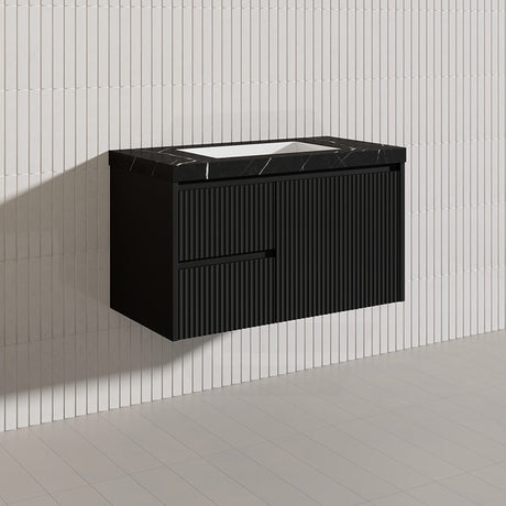 900mm Lukka Crete Wall Hung Bathroom Fluted Vanity Matt White/Black PVC Board Left/Right Drawers Available