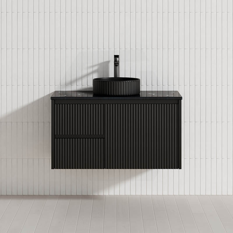 600-1500mm Lukka Crete Wall Hung Bathroom Fluted Vanity Matt White/Black PVC Board Linear Surface