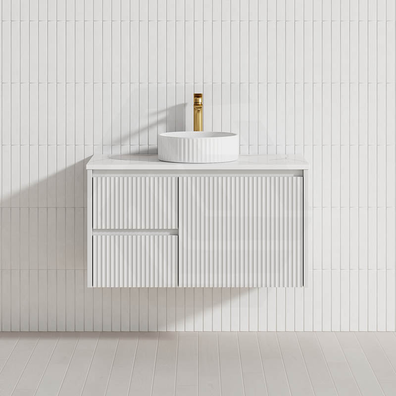 600-1500mm Lukka Crete Wall Hung Bathroom Fluted Vanity Matt White/Black PVC Board Linear Surface