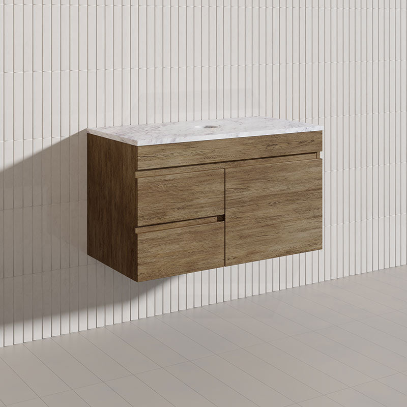 Lukka Camden Modern 900mm Wall Hung Vanity E0 MDF Wood Grain PVC Film Cabinet with Left/Right Hand Drawers In Various Colours