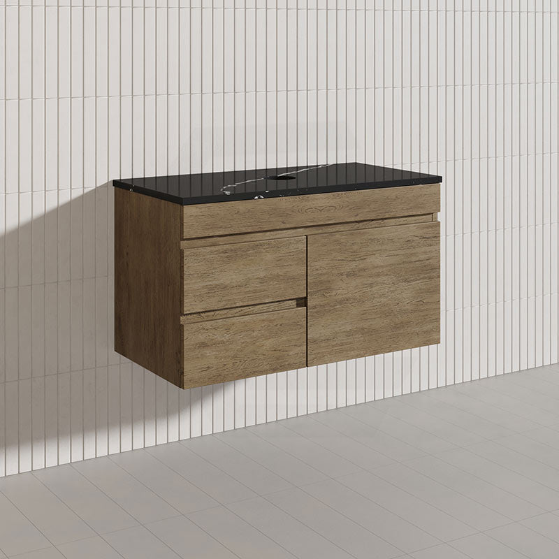 Lukka Camden Modern 900mm Wall Hung Vanity E0 MDF Wood Grain PVC Film Cabinet with Left/Right Hand Drawers In Various Colours