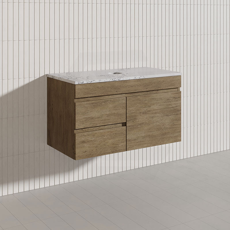Lukka Camden Modern 900mm Wall Hung Vanity E0 MDF Wood Grain PVC Film Cabinet with Left/Right Hand Drawers In Various Colours