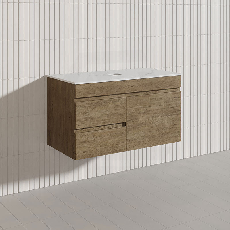 Lukka Camden Modern 900mm Wall Hung Vanity E0 MDF Wood Grain PVC Film Cabinet with Left/Right Hand Drawers In Various Colours