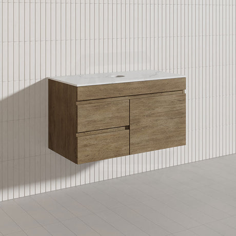 Lukka Camden Modern 900mm Wall Hung Vanity E0 MDF Wood Grain PVC Film Cabinet with Left/Right Hand Drawers In Various Colours