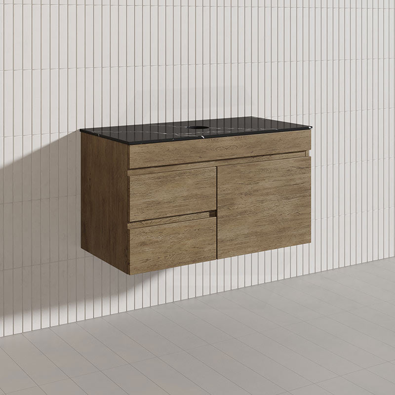 Lukka Camden Modern 900mm Wall Hung Vanity E0 MDF Wood Grain PVC Film Cabinet with Left/Right Hand Drawers In Various Colours