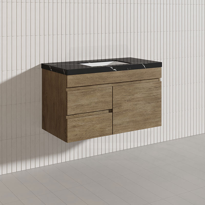 Lukka Camden Modern 900mm Wall Hung Vanity E0 MDF Wood Grain PVC Film Cabinet with Left/Right Hand Drawers In Various Colours