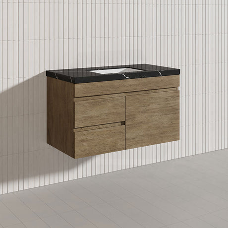 Lukka Camden Modern 900mm Wall Hung Vanity E0 MDF Wood Grain PVC Film Cabinet with Left/Right Hand Drawers In Various Colours