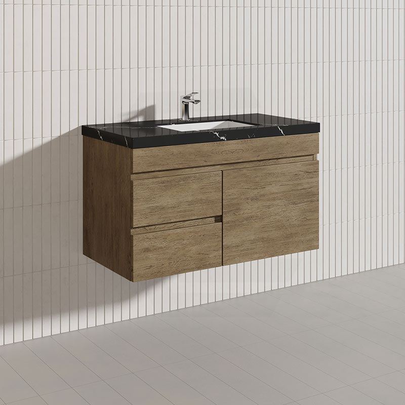 Lukka Camden Modern 900mm Wall Hung Vanity E0 MDF Wood Grain PVC Film Cabinet with Left/Right Hand Drawers In Various Colours