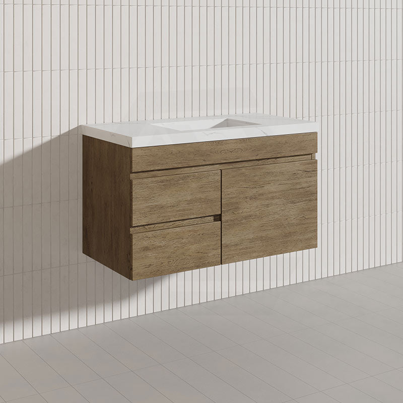 Lukka Camden Modern 900mm Wall Hung Vanity E0 MDF Wood Grain PVC Film Cabinet with Left/Right Hand Drawers In Various Colours