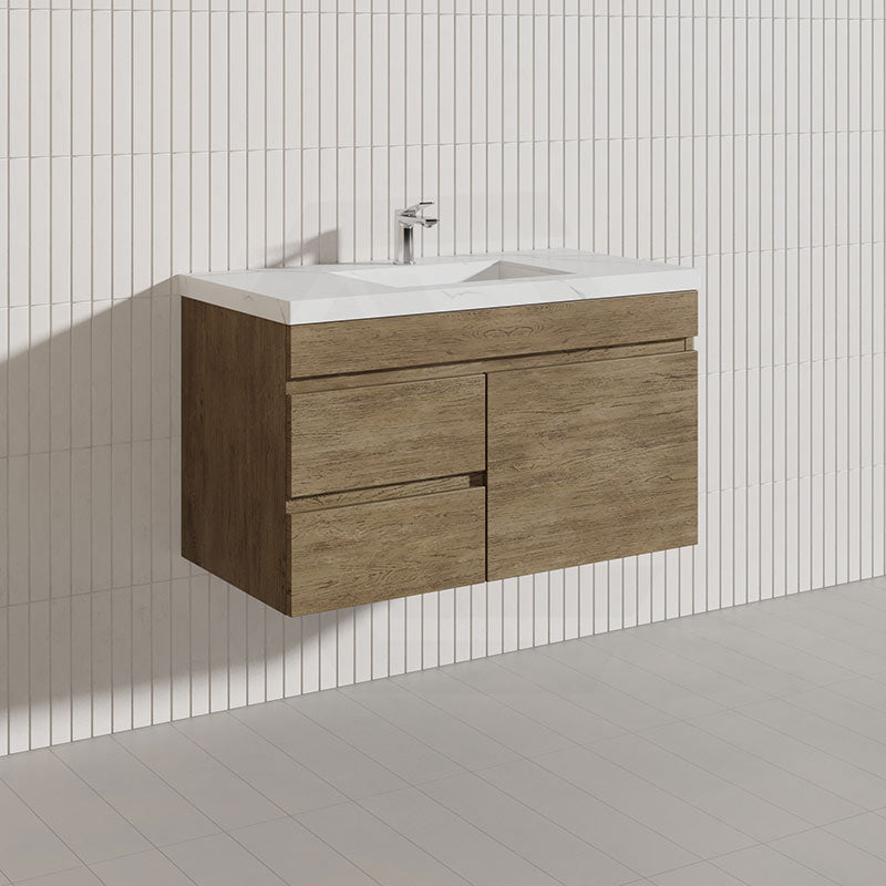 Lukka Camden Modern 900mm Wall Hung Vanity E0 MDF Wood Grain PVC Film Cabinet with Left/Right Hand Drawers In Various Colours