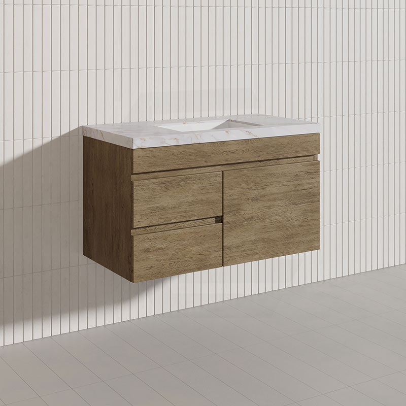 Lukka Camden Modern 900mm Wall Hung Vanity E0 MDF Wood Grain PVC Film Cabinet with Left/Right Hand Drawers In Various Colours