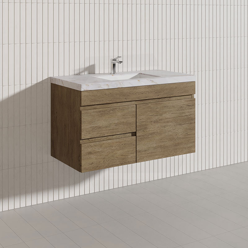 Lukka Camden Modern 900mm Wall Hung Vanity E0 MDF Wood Grain PVC Film Cabinet with Left/Right Hand Drawers In Various Colours