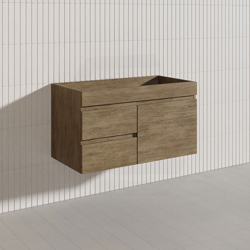 Lukka Camden Modern 900mm Wall Hung Vanity E0 MDF Wood Grain PVC Film Cabinet with Left/Right Hand Drawers In Various Colours