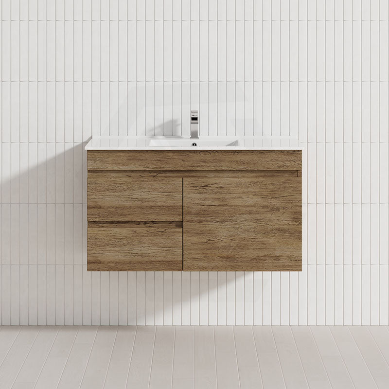Lukka Camden Modern 900mm Wall Hung Vanity E0 MDF Wood Grain PVC Film Cabinet with Left/Right Hand Drawers In Various Colours