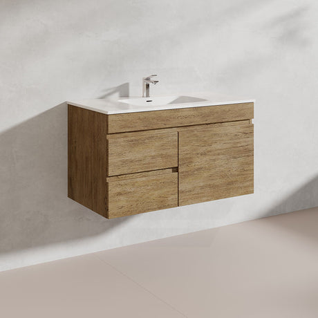 Lukka Camden Modern 900mm Wall Hung Vanity E0 MDF Wood Grain PVC Film Cabinet with Left/Right Hand Drawers In Various Colours