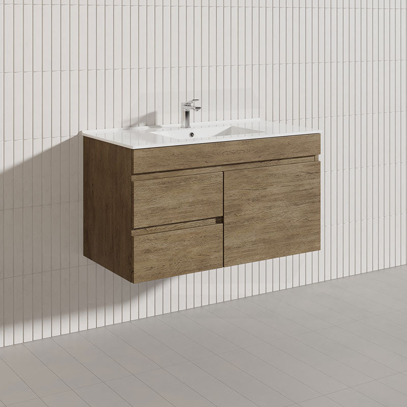 Lukka Camden Modern 900mm Wall Hung Vanity E0 MDF Wood Grain PVC Film Cabinet with Left/Right Hand Drawers In Various Colours