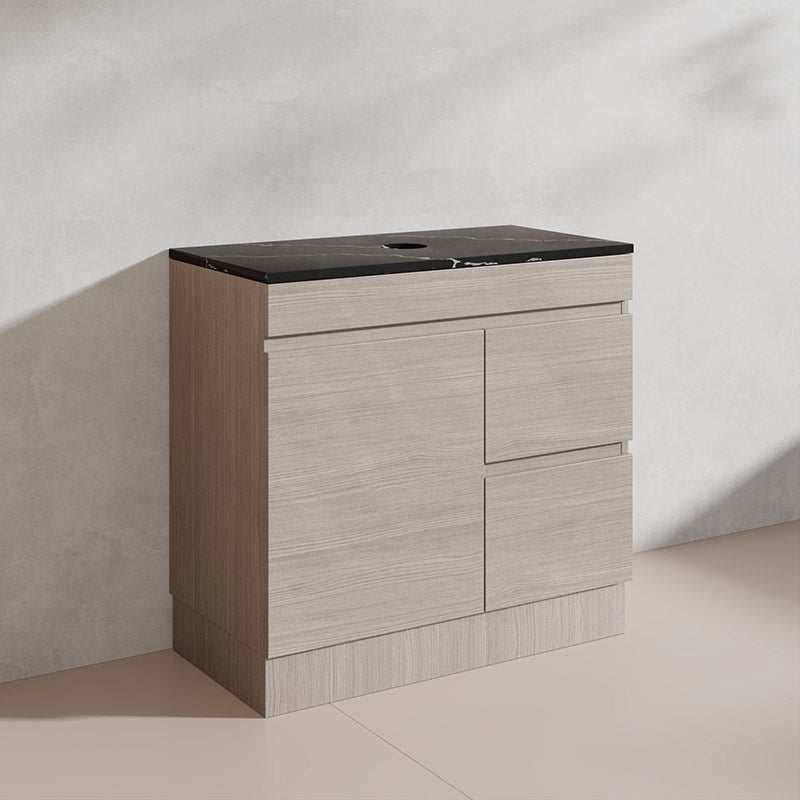 Lukka Camden Modern 900mm Freestanding Vanity E0 MDF Wood Grain PVC Film Cabinet with Left/Right Hand Drawers In Various Colours