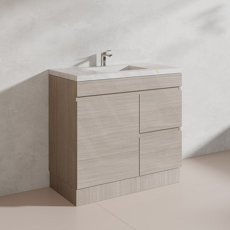 Lukka Camden Modern 900mm Freestanding Vanity E0 MDF Wood Grain PVC Film Cabinet with Left/Right Hand Drawers In Various Colours