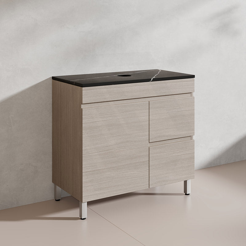 Lukka Camden Modern 900mm Freestanding Vanity E0 MDF Wood Grain PVC Film Cabinet with Left/Right Hand Drawers In Various Colours