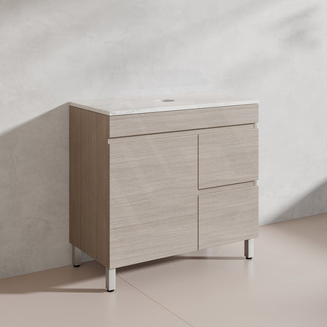 Lukka Camden Modern 900mm Freestanding Vanity E0 MDF Wood Grain PVC Film Cabinet with Left/Right Hand Drawers In Various Colours