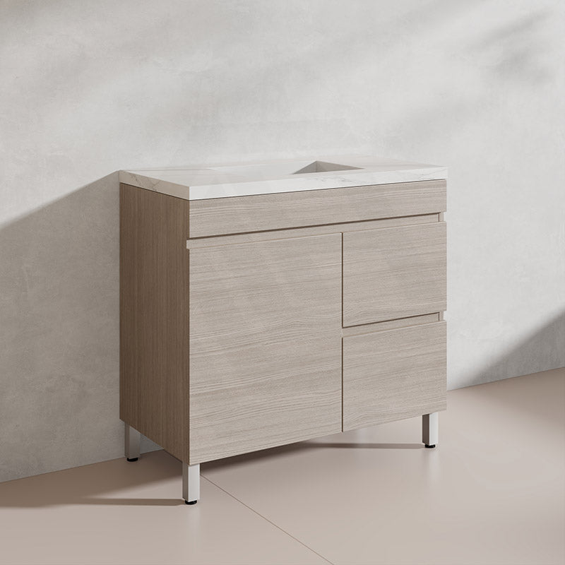 Lukka Camden Modern 900mm Freestanding Vanity E0 MDF Wood Grain PVC Film Cabinet with Left/Right Hand Drawers In Various Colours
