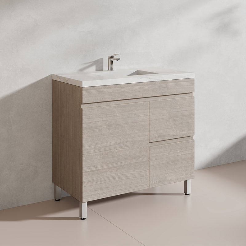 Lukka Camden Modern 900mm Freestanding Vanity E0 MDF Wood Grain PVC Film Cabinet with Left/Right Hand Drawers In Various Colours