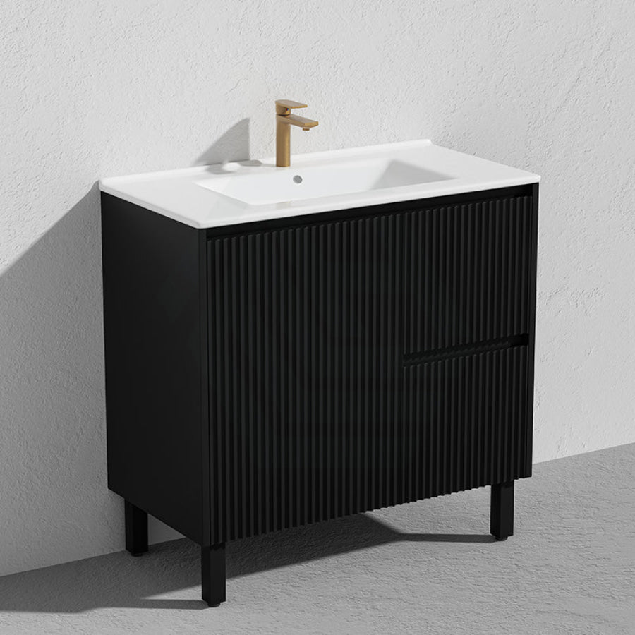 Lukka Crete Modern 600-1500mm Matt Black/White Freestanding Vanity with Legs PVC Board Linear Surface