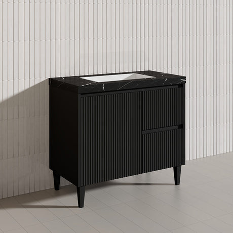 Lukka Crete Modern 900mm Matt Black/White Freestanding Vanity PVC Board Linear Surface