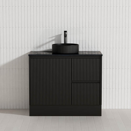 Lukka Crete Modern 600-1500mm Matt Black/White Freestanding Vanity with Kickboard PVC Board Linear Surface