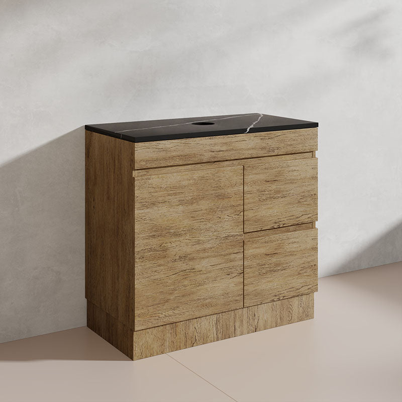 Lukka Camden Modern 900mm Freestanding Vanity E0 MDF Wood Grain PVC Film Cabinet with Left/Right Hand Drawers In Various Colours