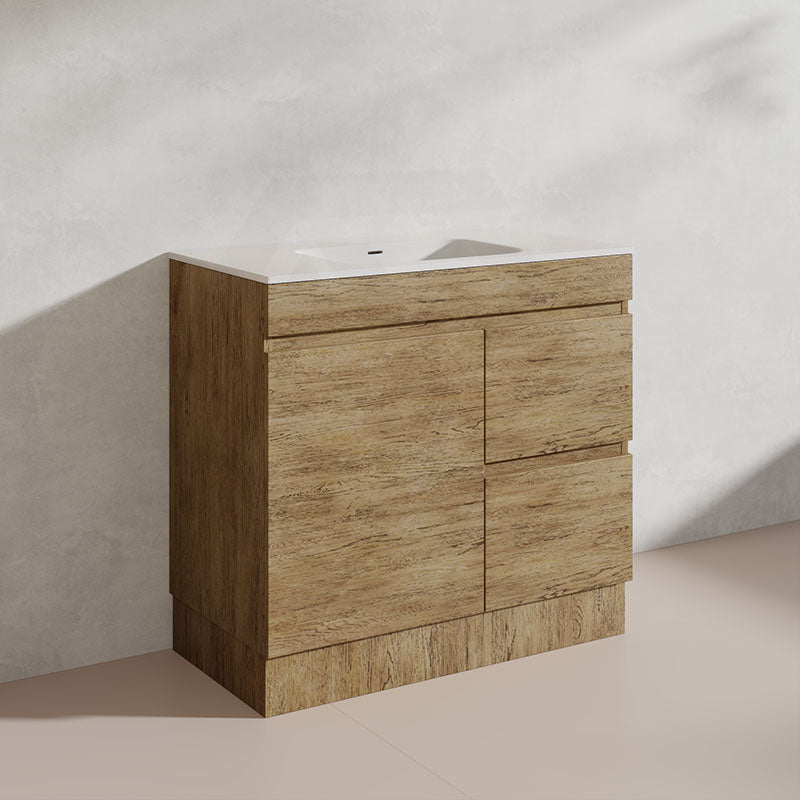 Lukka Camden Modern 900mm Freestanding Vanity E0 MDF Wood Grain PVC Film Cabinet with Left/Right Hand Drawers In Various Colours