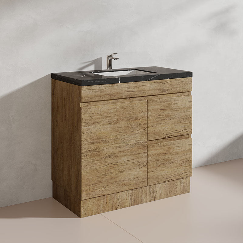 Lukka Camden Modern 900mm Freestanding Vanity E0 MDF Wood Grain PVC Film Cabinet with Left/Right Hand Drawers In Various Colours