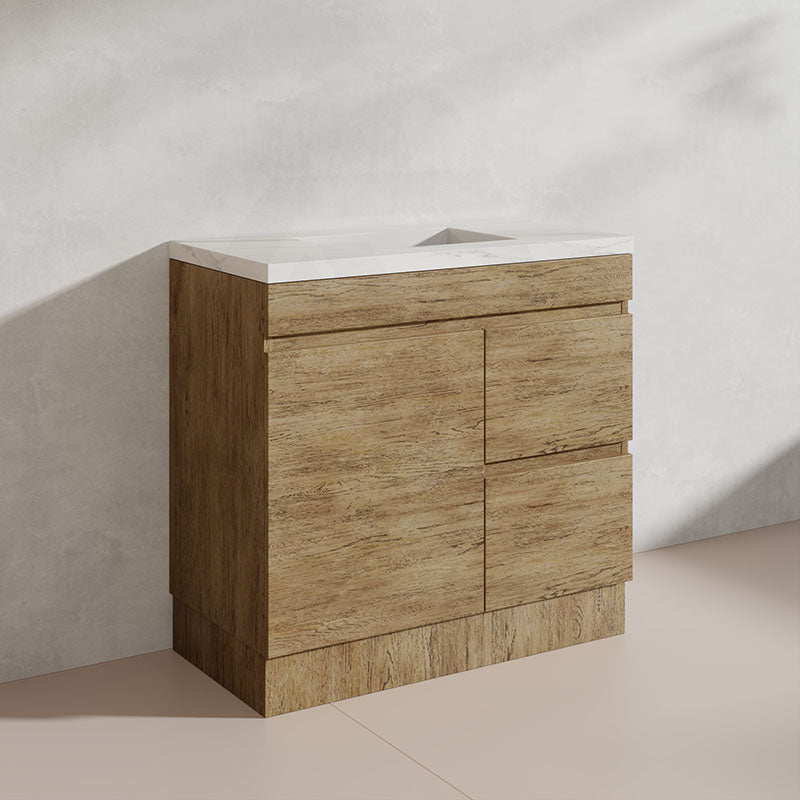 Lukka Camden Modern 900mm Freestanding Vanity E0 MDF Wood Grain PVC Film Cabinet with Left/Right Hand Drawers In Various Colours
