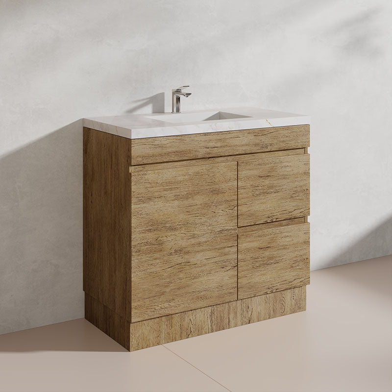 Lukka Camden Modern 900mm Freestanding Vanity E0 MDF Wood Grain PVC Film Cabinet with Left/Right Hand Drawers In Various Colours