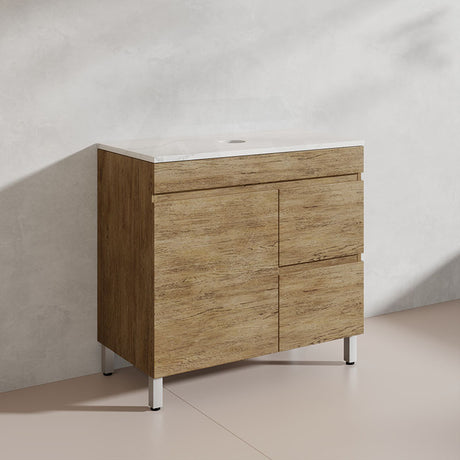 Lukka Camden Modern 900mm Freestanding Vanity E0 MDF Wood Grain PVC Film Cabinet with Left/Right Hand Drawers In Various Colours