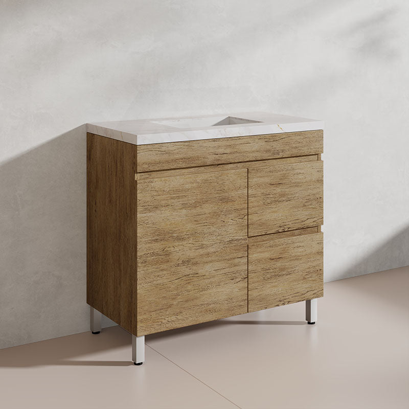 Lukka Camden Modern 900mm Freestanding Vanity E0 MDF Wood Grain PVC Film Cabinet with Left/Right Hand Drawers In Various Colours