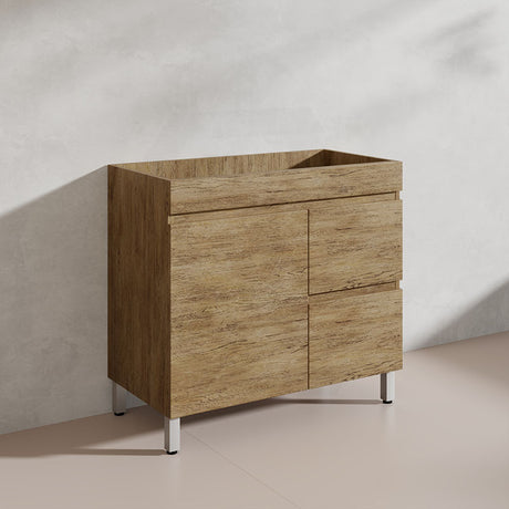 Lukka Camden Modern 900mm Freestanding Vanity E0 MDF Wood Grain PVC Film Cabinet with Left/Right Hand Drawers In Various Colours