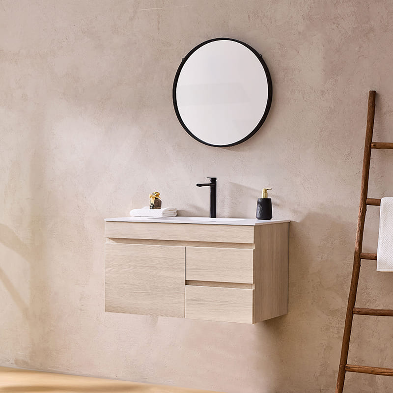 Lukka Camden Modern 900mm Wall Hung Vanity E0 MDF Wood Grain PVC Film Cabinet with Left/Right Hand Drawers In Various Colours