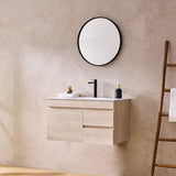 Lukka Camden Modern 900mm Wall Hung Vanity E0 MDF Wood Grain PVC Film Cabinet with Left/Right Hand Drawers In Various Colours