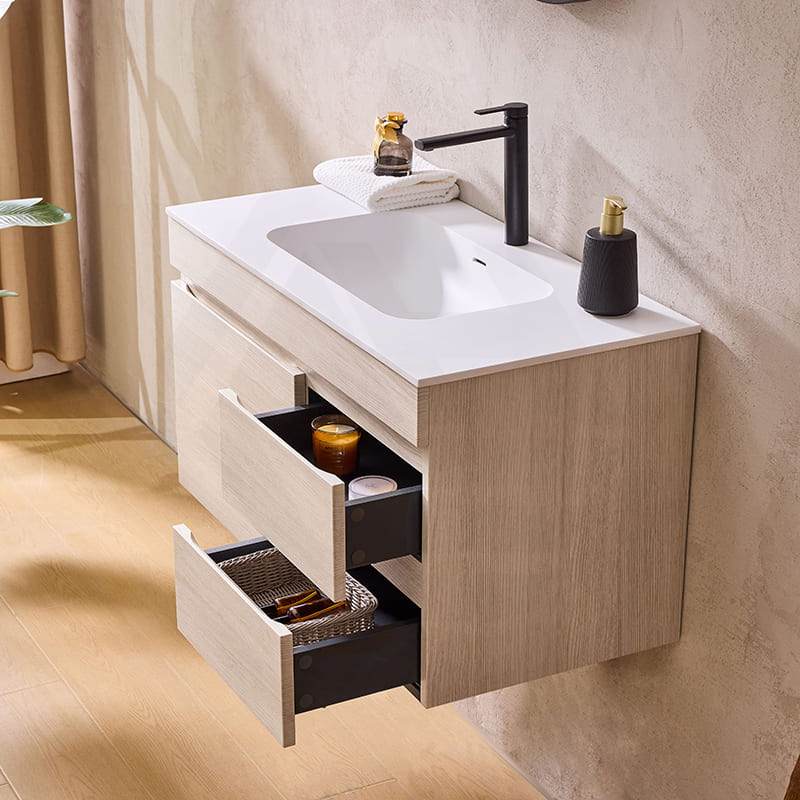Lukka Camden Modern 900mm Wall Hung Vanity E0 MDF Wood Grain PVC Film Cabinet with Left/Right Hand Drawers In Various Colours