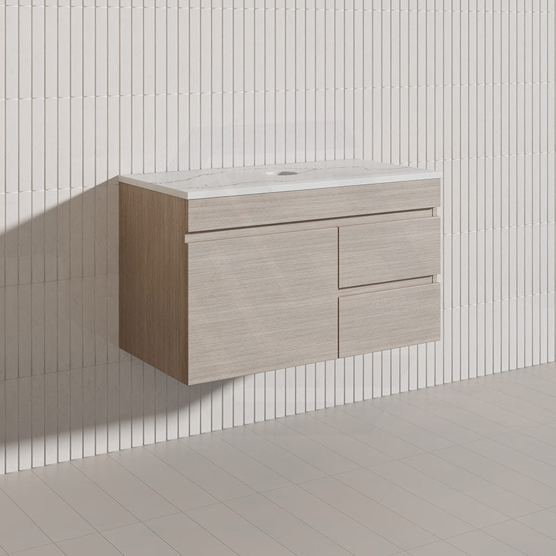 Lukka Camden Modern 900mm Wall Hung Vanity E0 MDF Wood Grain PVC Film Cabinet with Left/Right Hand Drawers In Various Colours