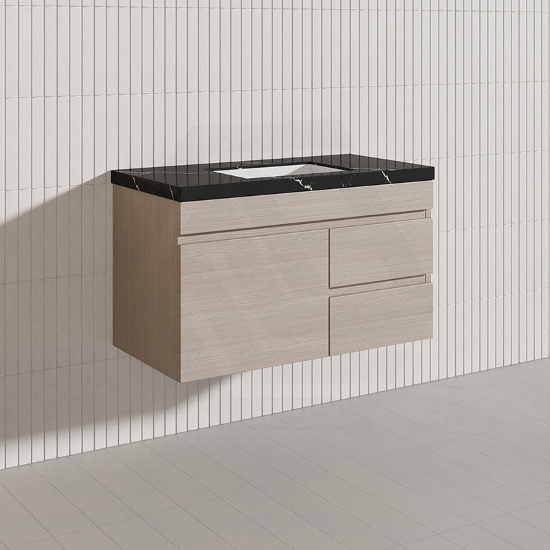 Lukka Camden Modern 900mm Wall Hung Vanity E0 MDF Wood Grain PVC Film Cabinet with Left/Right Hand Drawers In Various Colours