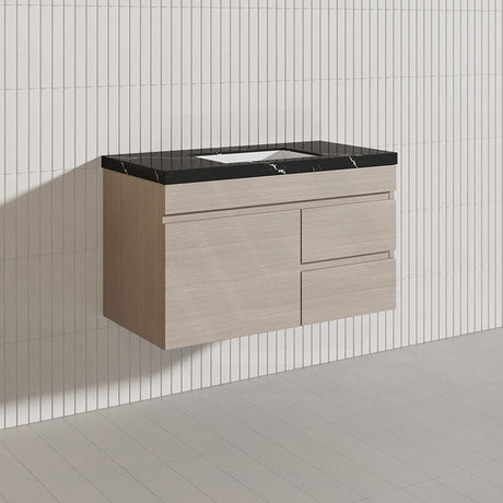 Lukka Camden Modern 900mm Wall Hung Vanity E0 MDF Wood Grain PVC Film Cabinet with Left/Right Hand Drawers In Various Colours