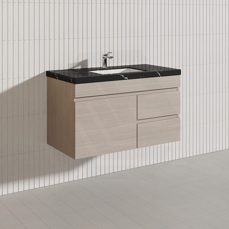 Lukka Camden Modern 900mm Wall Hung Vanity E0 MDF Wood Grain PVC Film Cabinet with Left/Right Hand Drawers In Various Colours