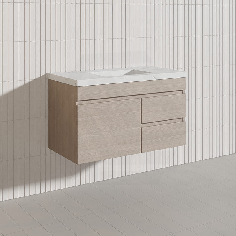 Lukka Camden Modern 900mm Wall Hung Vanity E0 MDF Wood Grain PVC Film Cabinet with Left/Right Hand Drawers In Various Colours