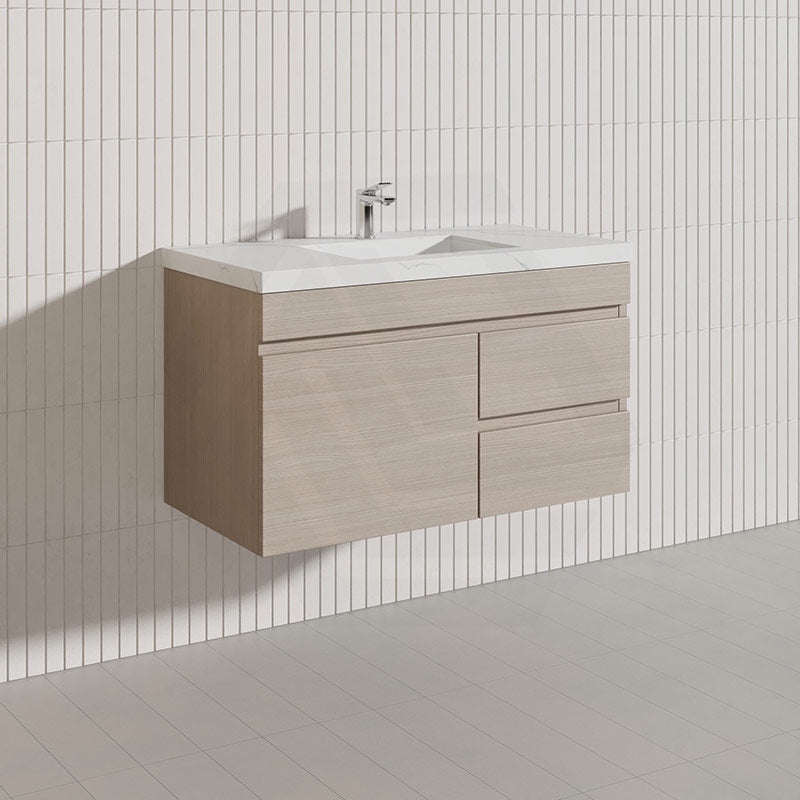 Lukka Camden Modern 900mm Wall Hung Vanity E0 MDF Wood Grain PVC Film Cabinet with Left/Right Hand Drawers In Various Colours